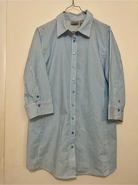 Chico’s Size 2 (L) Blue metallic silver Striped Button-Down Tunic Shirt Casual